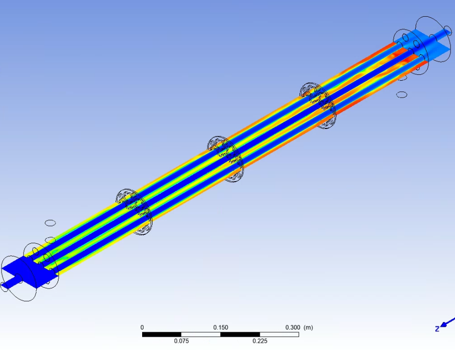 Temperature contour simulation of a shell-and-tube heat exchanger with cinquefoil baffles